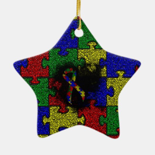 Puzzle Ribbon Grunge Heart Keramisch Ornament (Achterkant)