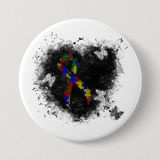 Puzzle Ribbon Grunge Heart Ronde Button 7,6 Cm (Voorkant)