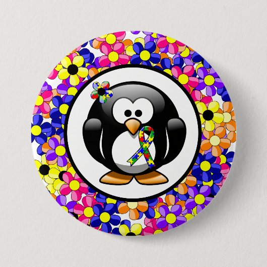 Puzzle Ribbon Penguin Ronde Button 7,6 Cm (Voorkant)
