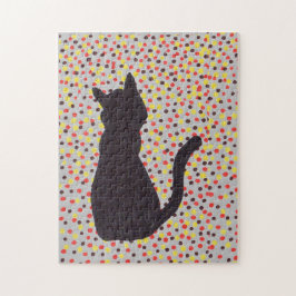 Puzzle - Zwarte kat tegen gekleurde Stippen Legpuzzel