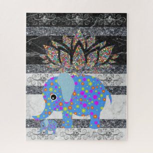 Puzzles Blue Elephant Black & White Marble Floral Legpuzzel