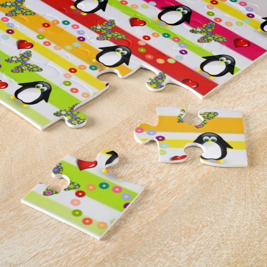 Puzzles Penguin Butterfly Red Hearts Legpuzzel (Zijkant)