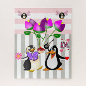 Puzzles Penguin Love Floral Grey and White Stripe Legpuzzel (Verticaal)