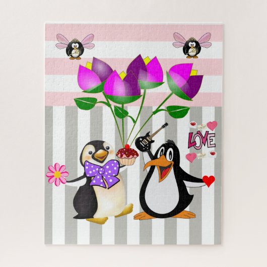 Puzzles Penguin Love Floral Grey and White Stripe Legpuzzel (Verticaal)