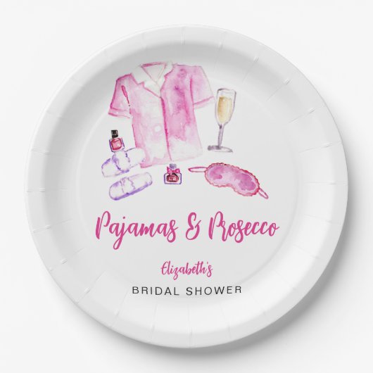 Pyjama en Prosecco Bruidsdouche Roze Script Papieren Bordje (Voorkant)