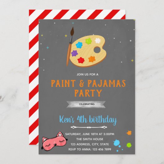 Pyjama- en schilderverjaardagsuitnodiging kaart (Voorkant / Achterkant)