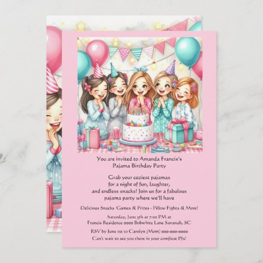 Pyjama Feest Verjaardagsuitnodiging Meisjes Slaper Kaart (Voorkant / Achterkant)
