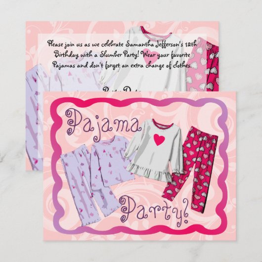 Pyjama Party Invitation, Roze en Paarse PJ's Kaart (Voorkant / Achterkant)