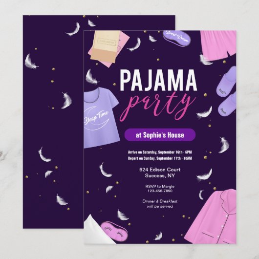 pyjama party meisjes uitnodiging (Voorkant / Achterkant)