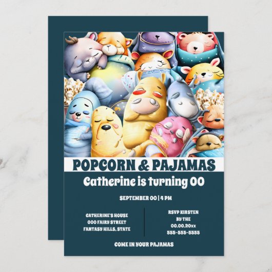 Pyjama popcorn cartoon slapende logeerpartij kaart (Voorkant / Achterkant)