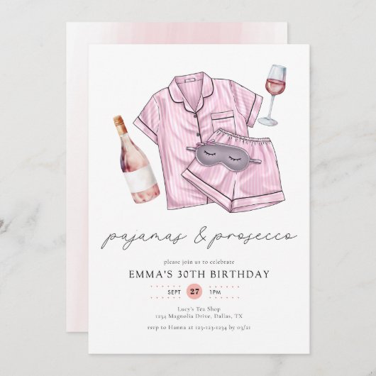Pyjama Prosecco PJ Party Blush Roze 30e Verjaardag Kaart (Voorkant / Achterkant)