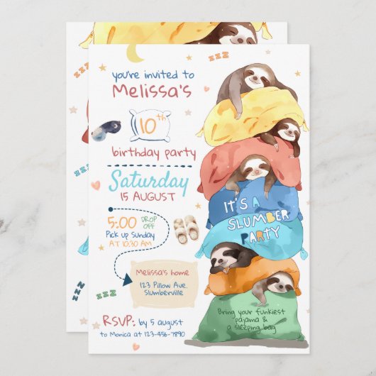 Pyjama Sloth Slumber Feest Verjaardag Uitnodiging (Voorkant / Achterkant)