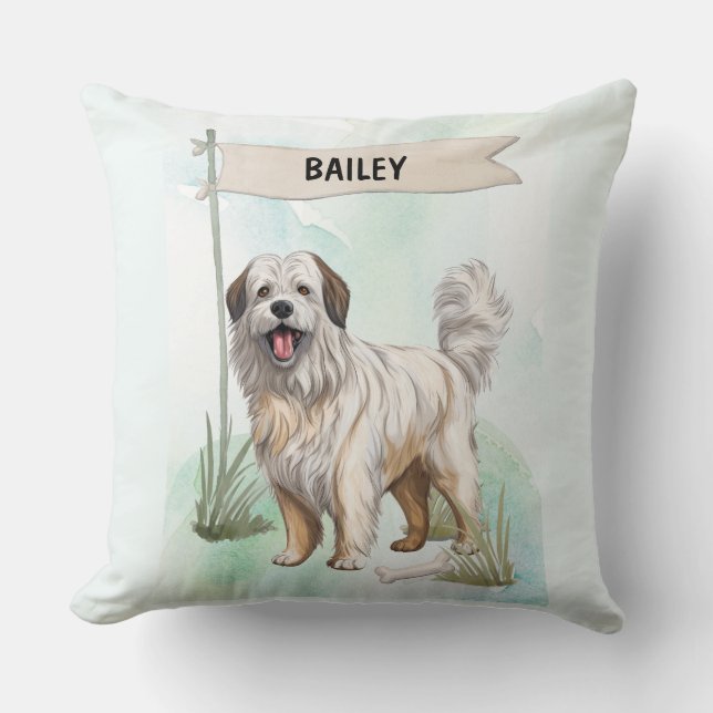 Pyrenean Shepherd Watercolor Personalized Dog Kussen (Voorkant)