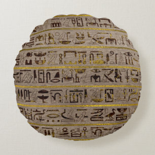 Pyrografeerde Golden Egyptische hiërogliefen op h Rond Kussen