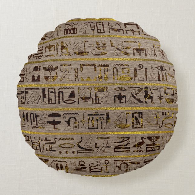 Pyrografeerde Golden Egyptische hiërogliefen op ho Rond Kussen (Voorkant)