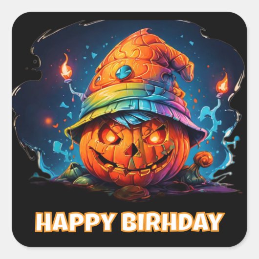 Pyschedelic Encary Jackolantern & Verjaardag pet Vierkante Sticker (Voorkant)