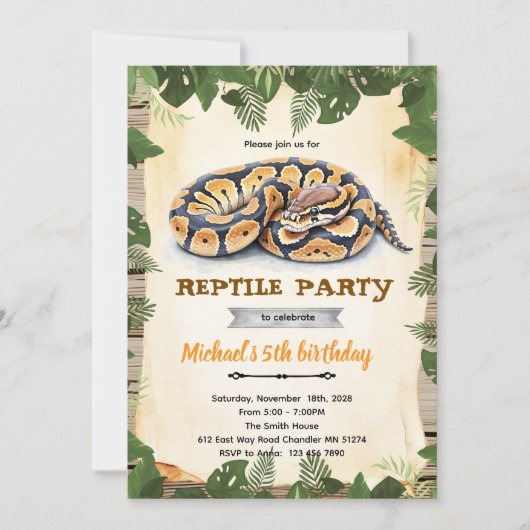 Python reptile birthday party invitation kaart (Voorkant)