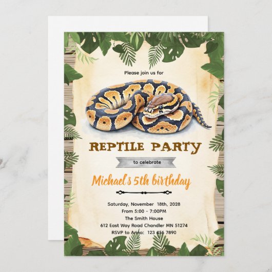 Python reptile birthday party invitation kaart (Voorkant / Achterkant)
