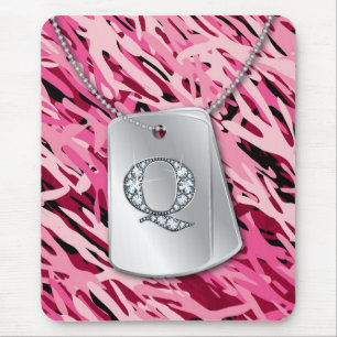 "Q" Diamond Bling, Dog Tags & Camo Mousepad Muismat
