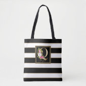 Q Gold Floral Monogram | Zwarte witte gouden strep Tote Bag (Voorkant)