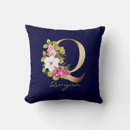 Q Letter Gold Monogram roze witte magenta Floral Kussen