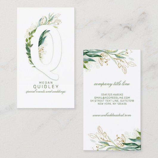 Q Letter Monogram Gold Greenery Leaves Elegant Visitekaartje (Voorkant / Achterkant)