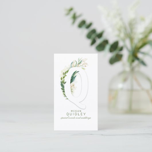 Q Letter Monogram Gold Greenery Leaves Elegant Visitekaartje (Staand voorkant)