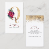 Q Monogram Bourgondische rode bloemen en gouden gl Visitekaartje (Voorkant / Achterkant)