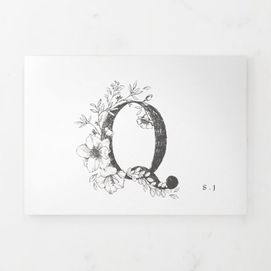 'Q' Monogram mooi geborsteld Floral Wedding Drieluik Uitnodiging (Cover)