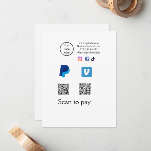 Q R-code PayPal venmo scan betalen voeg social med Notitiekaartje (Voorkant / Achterkant in situ)