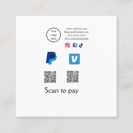 Q R-code PayPal venmo scan betalen voeg social med Vierkante Visitekaartje (Voorkant)