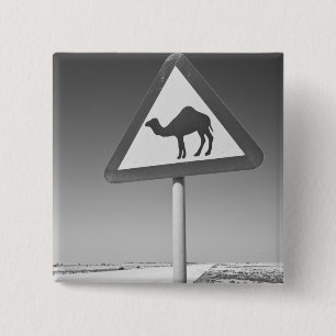 Qatar, Al Zubarah. Kameel Overstek Bord-Weg naar Vierkante Button 5,1 Cm