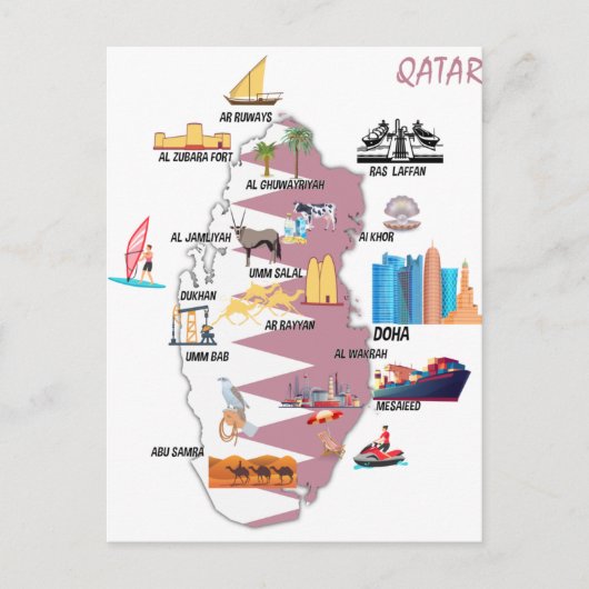 Qatar Map Landmarks Tourismus-attracties Briefkaart (Voorkant)
