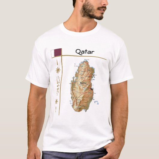 Qatar Map + Vlag + Titel T-Shirt (Voorkant)