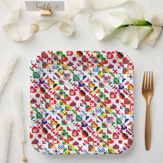 Qatar Tournament 2022 32 Hearts Country Flags Papieren Bordje (Huwelijk)