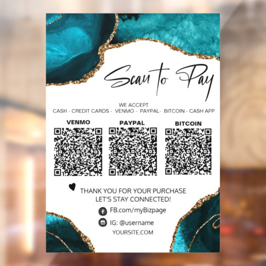 *~* QR 3 BETALING Blauwgroen GEEFT GOLD Window Dec Raamsticker (Vel 2)