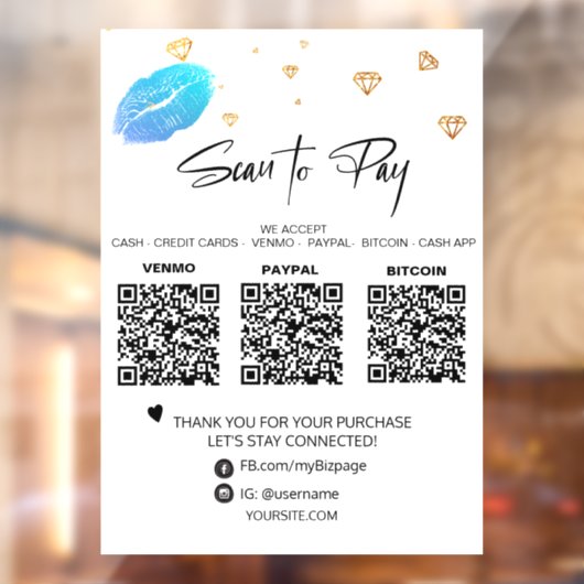 *~* QR 3 BETALING Diamonds LIPS Girly Glam Raamsticker (Vel 2)