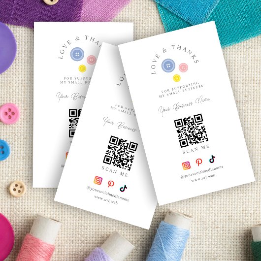 QR 3 Buttons Love & Thanks Support Small Business Visitekaartje