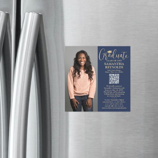 QR Afstuderen Navy Gold foto aankondiging magneet
