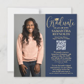 QR Afstuderen Navy Gold foto aankondiging magneet (Voorkant)