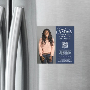 QR Afstuderen Navy Wit Foto Aankondiging Magneet