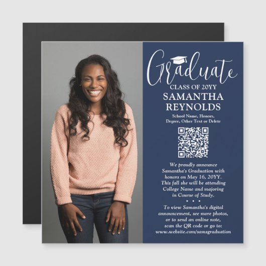 QR Afstuderen Navy Wit Foto Aankondiging Magneet (Voorkant / Achterkant)