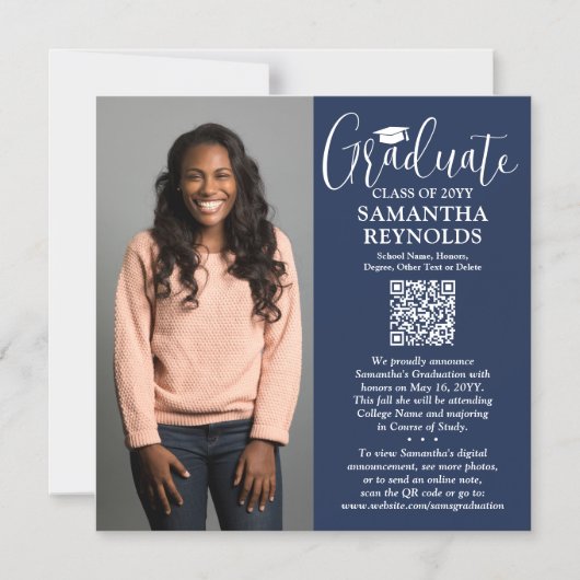 QR Afstuderen Navy Wit Foto Aankondiging Magneet (Voorkant)