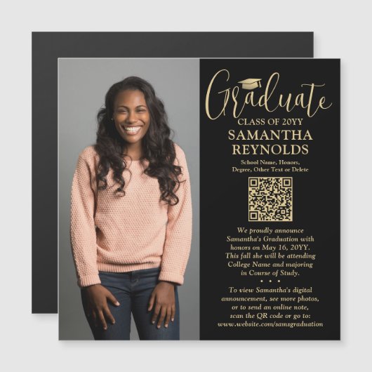 QR Afstuderen Zwart Goud Foto Aankondiging Magneet (Voorkant / Achterkant)