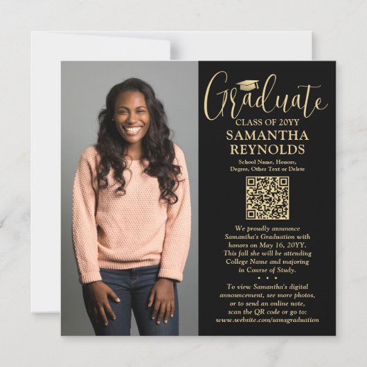 QR Afstuderen Zwart Goud Foto Aankondiging Magneet (Voorkant)