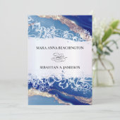 *~* QR Agaat Blauw Goud RSVP AR2 Marmeren Bruiloft Kaart (Staand voorkant)