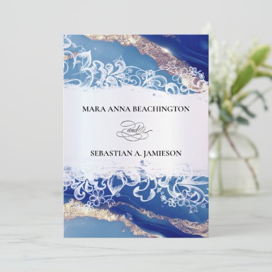 *~* QR Agaat Blauw Goud RSVP AR2 Marmeren Bruiloft Kaart (Staand voorkant)