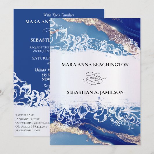 *~* QR Agaat Blauw Goud RSVP AR2 Marmeren Bruiloft Kaart (Voorkant / Achterkant)