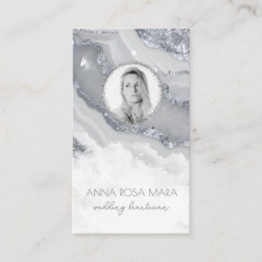 *~* QR Agaat Marmeren FOTO LOGO SILVER AP66 Grijs Visitekaartje (Voorkant)