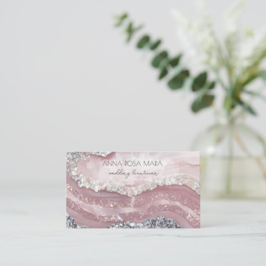 *~* QR Agaat ROZE Zilver Glitter Glam AP66 Luxe Visitekaartje (Staand voorkant)
